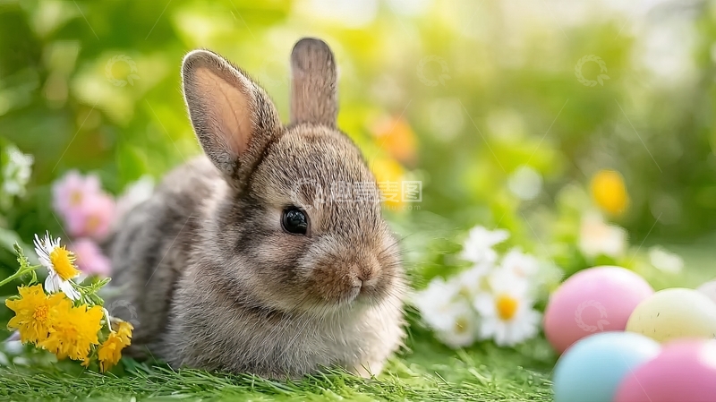 高清大图下载【趣麦麦图】小兔子趴在草地上周围有花朵和彩蛋