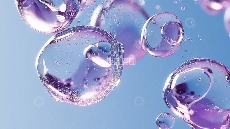 高清大图下载【趣麦麦图】紫色透明气泡在蓝色背景中漂浮的特写镜头