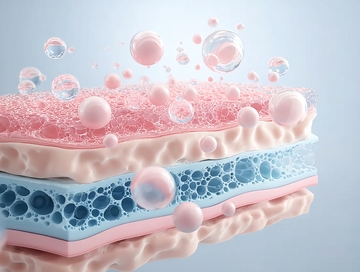 多层结构中粉色与蓝色气泡悬浮的微观场景
