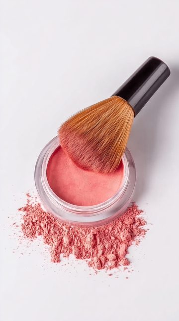 粉色腮红粉与化妆刷置于白色背景上