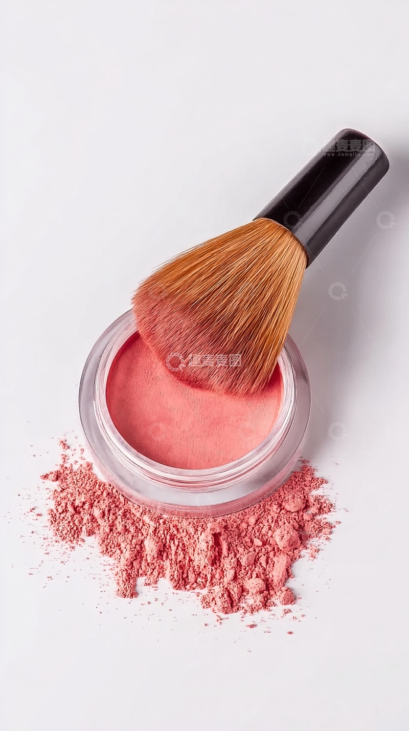 高清大图下载【趣麦麦图】粉色腮红粉与化妆刷置于白色背景上