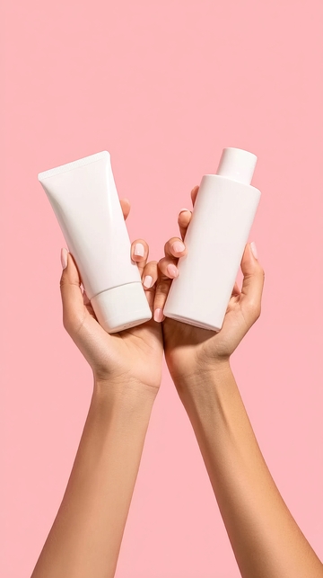 双手托举两瓶护肤品置于粉色背景前