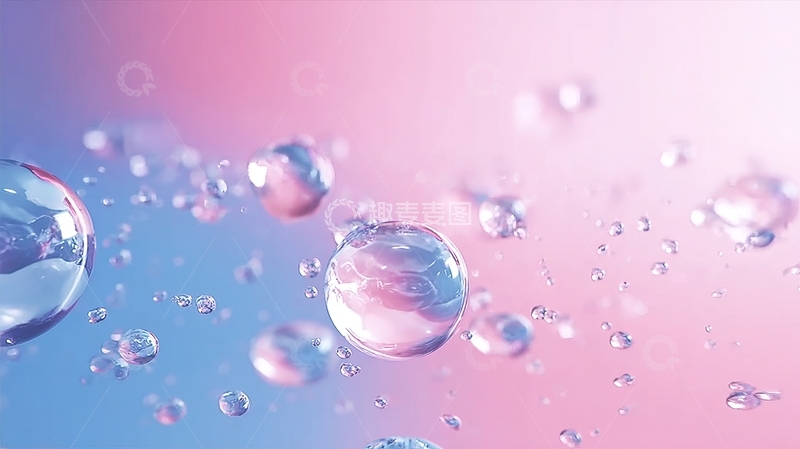 高清大图下载【趣麦麦图】粉色与蓝色渐变背景中的水珠气泡特写
