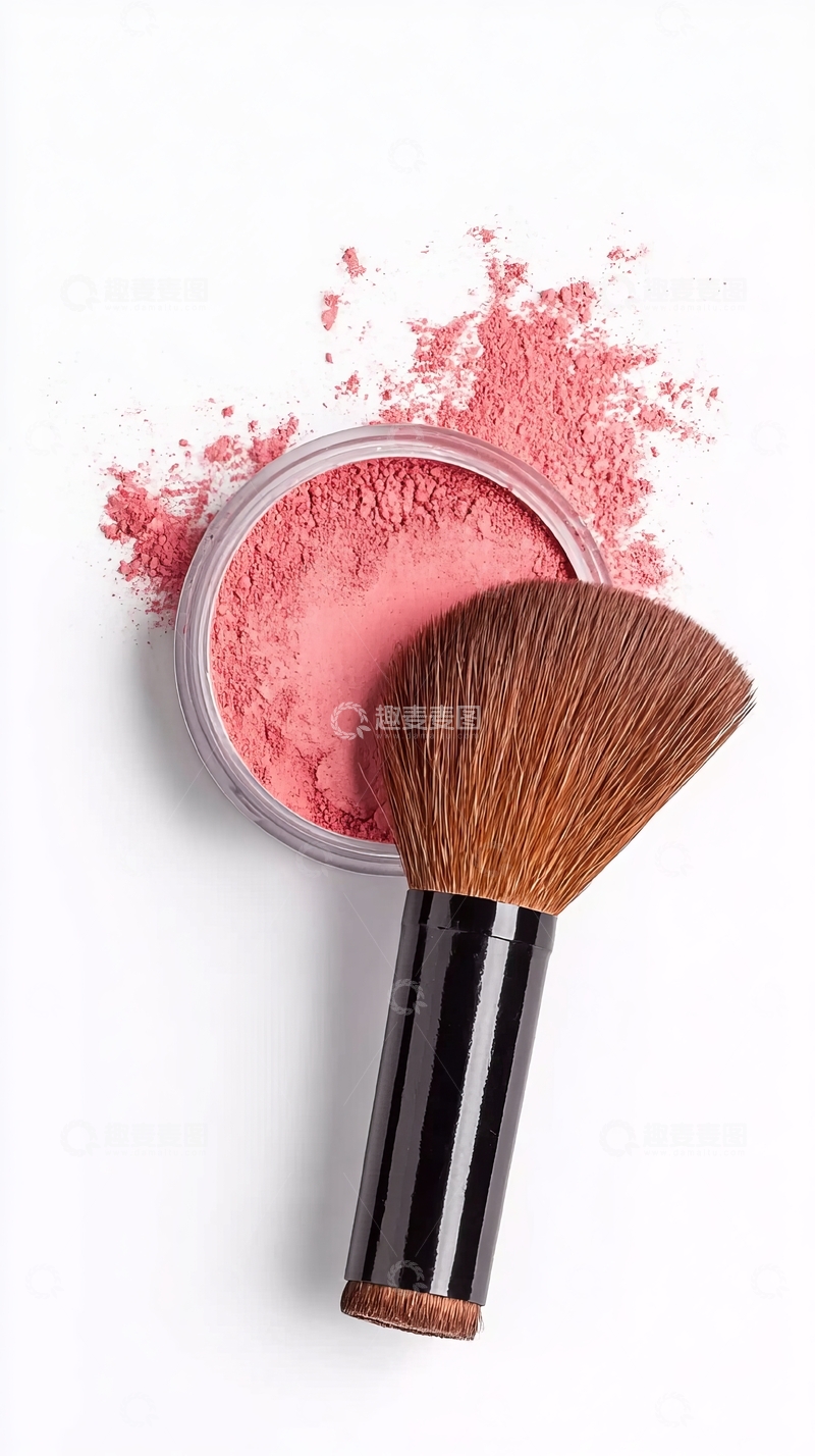 高清大图下载【趣麦麦图】粉色腮红与化妆刷特写展示
