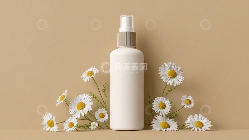 高清大图下载【趣麦麦图】白色喷雾瓶与雏菊在米色背景上的静物摆拍