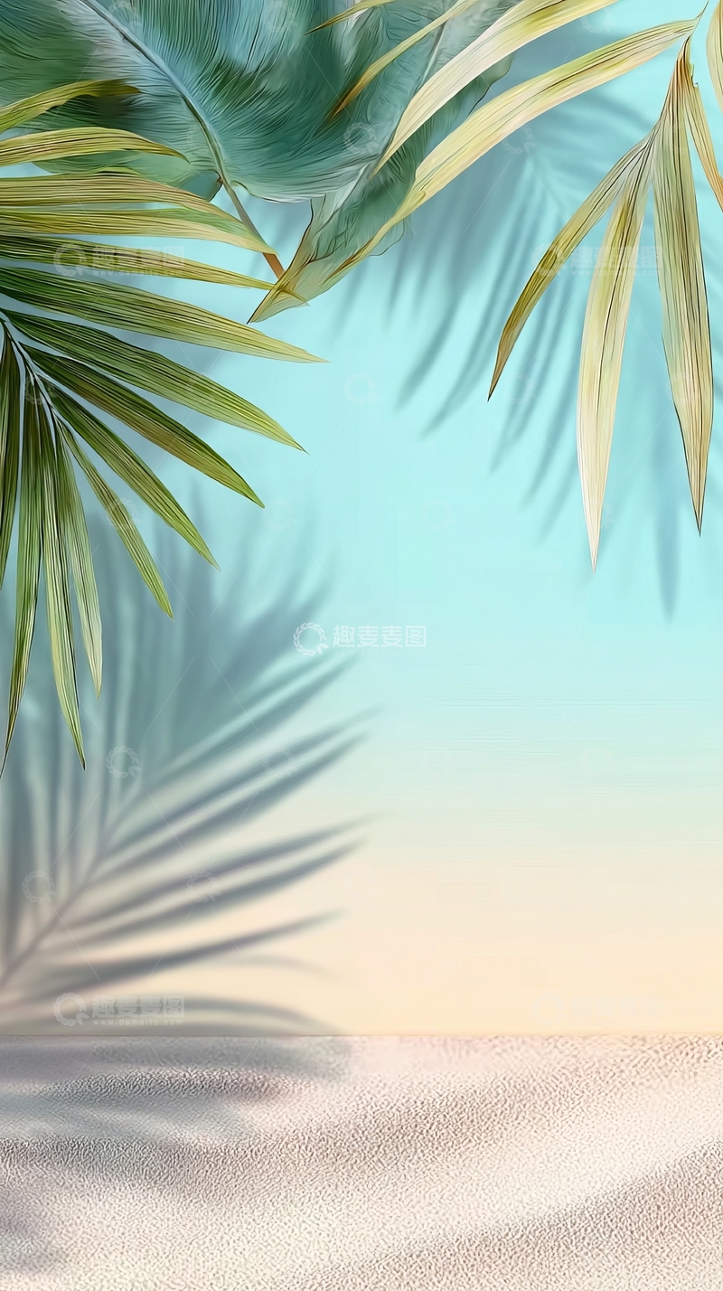 高清大图下载【趣麦麦图】热带棕榈叶在沙滩上的光影美景