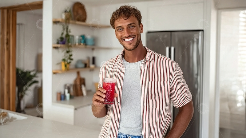 高清大图下载【趣麦麦图】微笑男子手持红色饮品站在现代厨房中