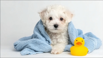 白色小狗裹着蓝色毛巾旁放黄色橡皮鸭