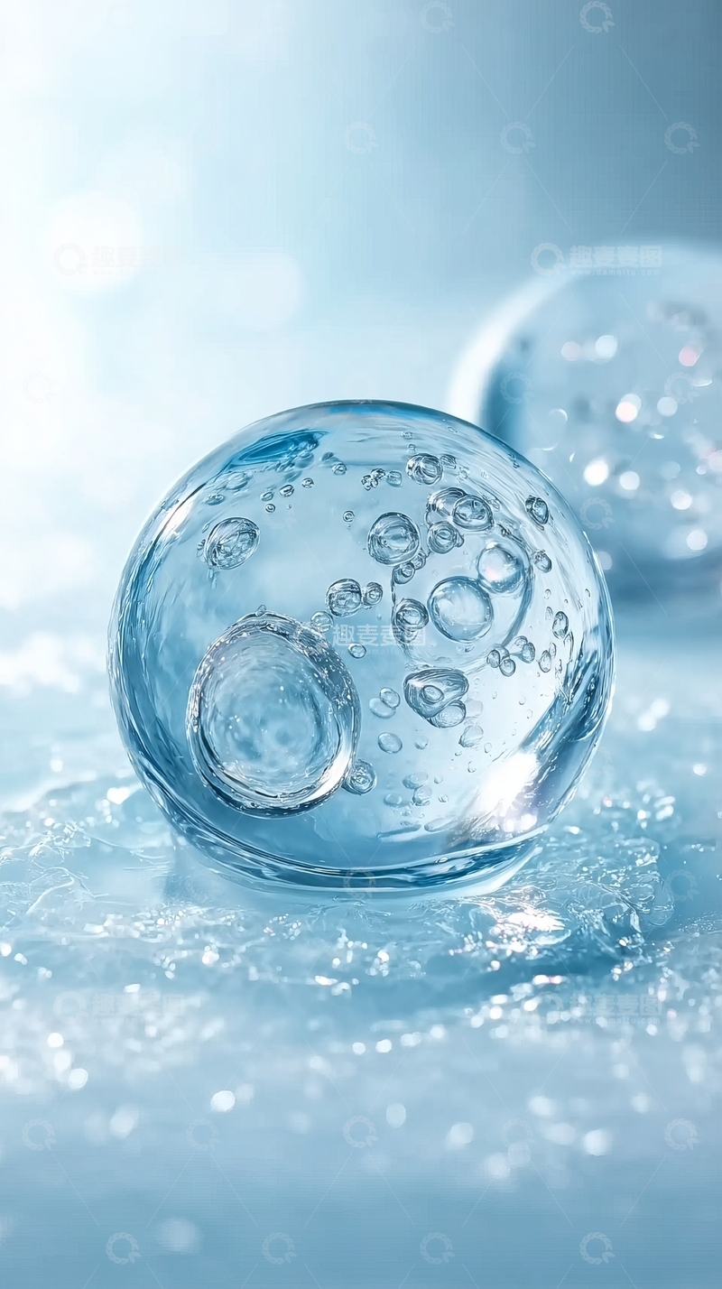 高清大图下载【趣麦麦图】蓝色背景下晶莹剔透的气泡球