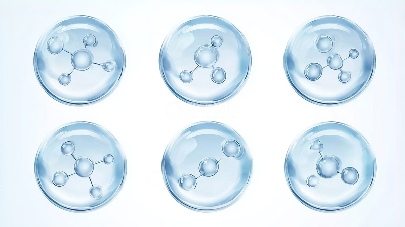 高清大图下载【趣麦麦图】六个蓝色水滴状分子结构图案排列展示