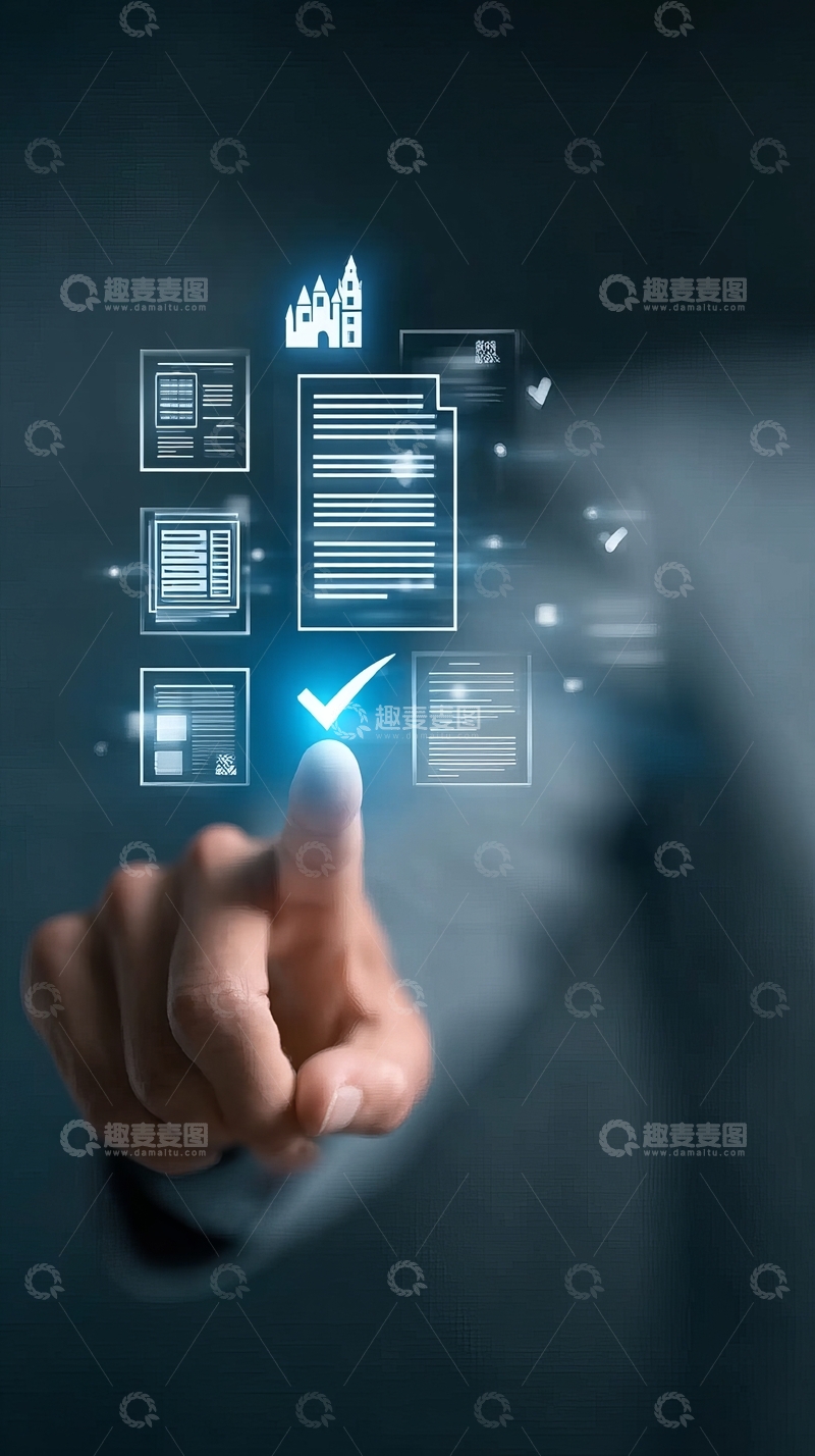 高清大图下载【趣麦麦图】手指触碰虚拟界面显示建筑与文档图标