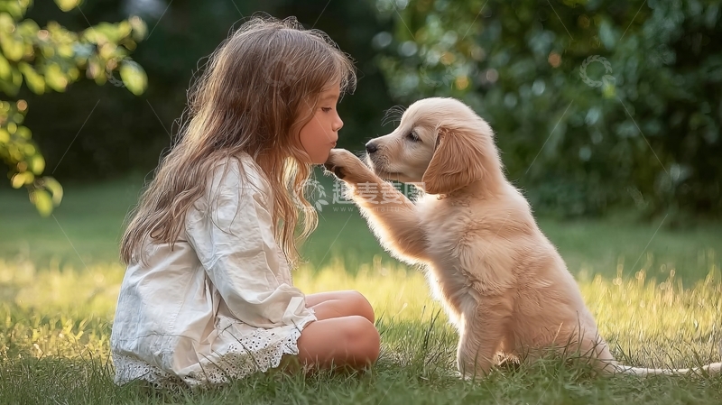 高清大图下载【趣麦麦图】小女孩与金毛幼犬在草地上亲密互动
