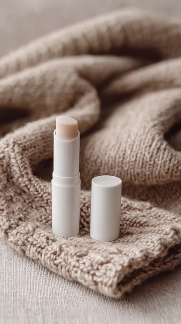 白色唇膏置于柔软针织物上的静物特写