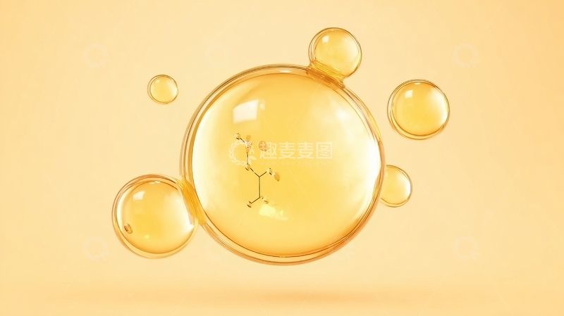 高清大图下载【趣麦麦图】透明金黄色液滴在柔和背景中漂浮