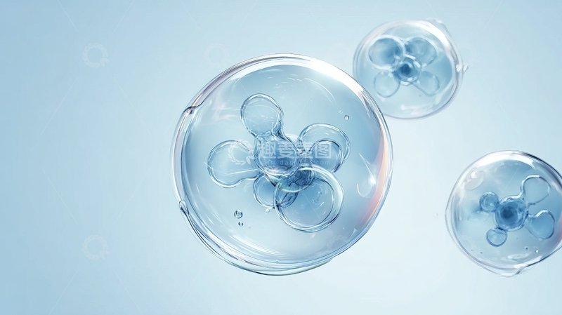高清大图下载【趣麦麦图】蓝色背景下透明容器中的花朵状分子结构