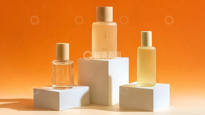 高清大图下载【趣麦麦图】三款香水瓶置于橙色背景的白色立方体上