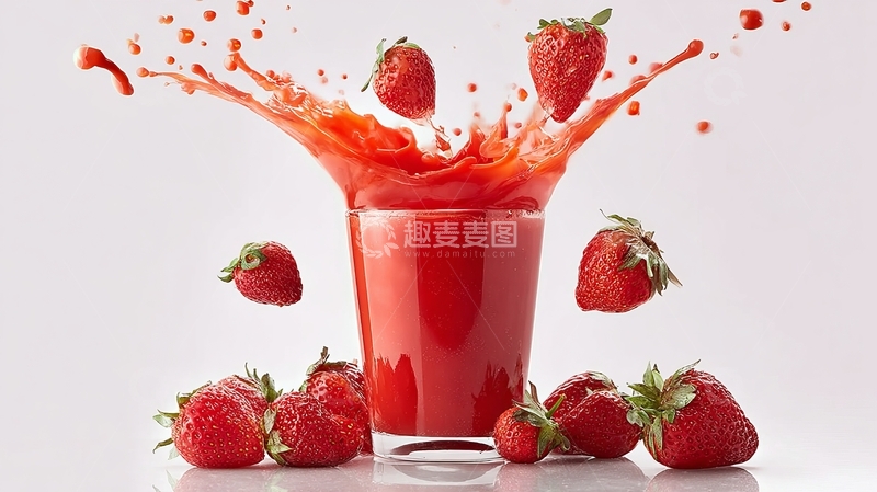高清大图下载【趣麦麦图】-新鲜草莓汁飞溅玻璃杯周围散落草莓