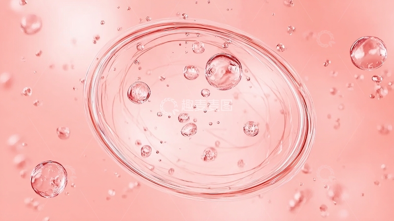 高清大图下载【趣麦麦图】粉色背景上的透明水滴与气泡微观特写
