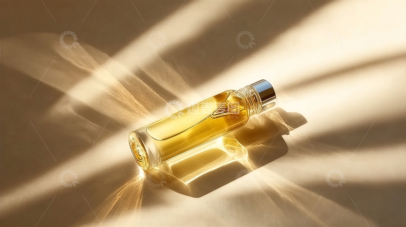 高清大图下载【趣麦麦图】一瓶金色液体置于光影交错的柔和背景上