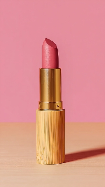 粉色背景下的木质管口唇膏特写