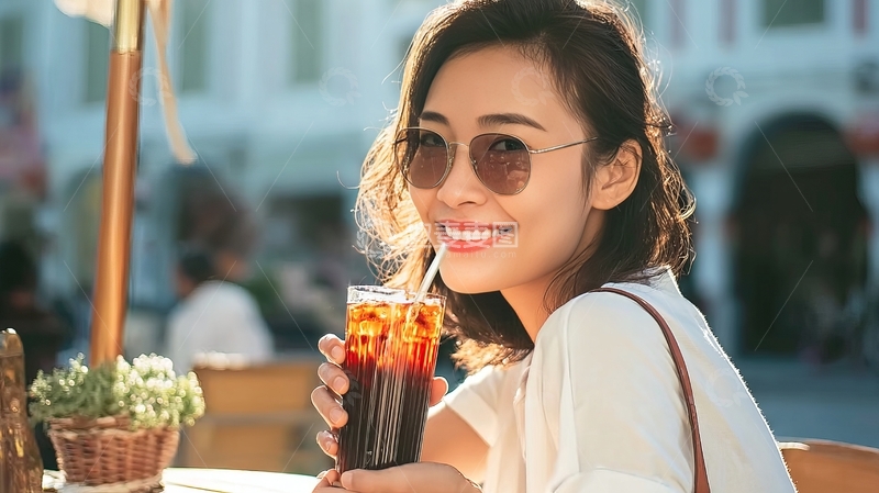 年轻女子在户外咖啡馆手持冰饮微笑