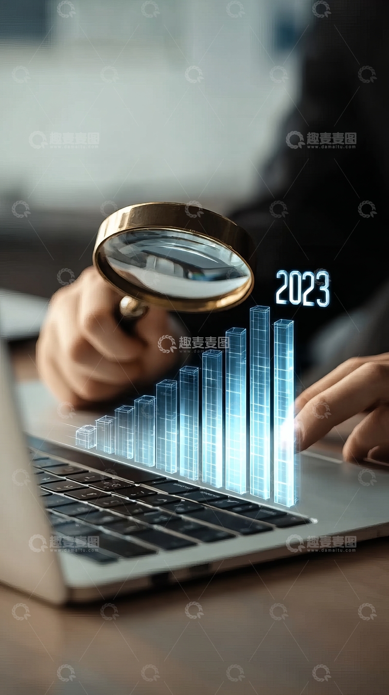 高清大图下载【趣麦麦图】手持放大镜查看2023年数据图表的商务分析场景
