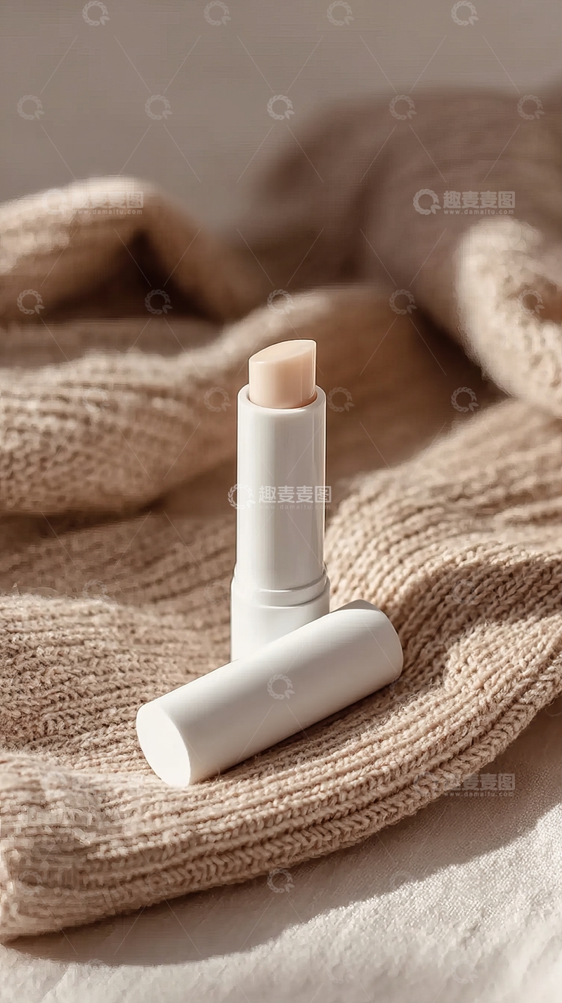 高清大图下载【趣麦麦图】一支唇膏放置在针织布料上
