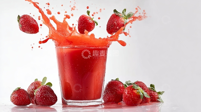 高清大图下载【趣麦麦图】新鲜草莓汁飞溅玻璃杯中周围点缀着草莓