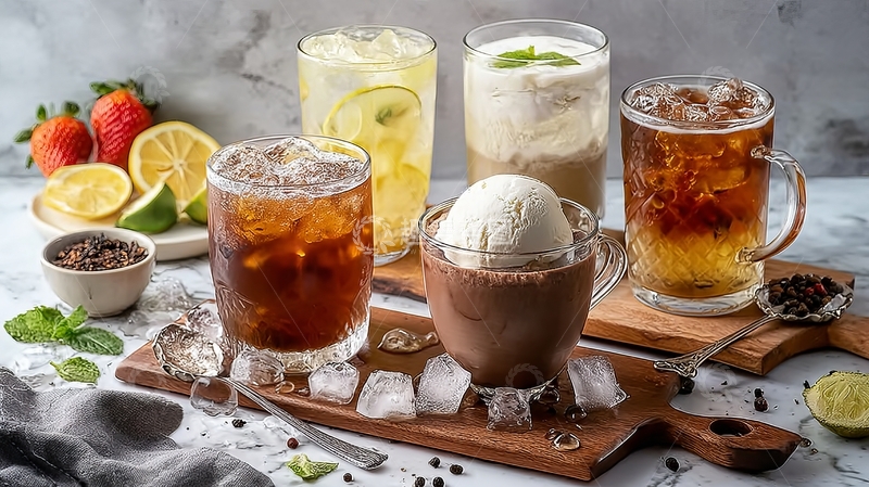 高清大图下载【趣麦麦图】四种冰镇饮品搭配新鲜水果与冰块摆放在木质托盘上