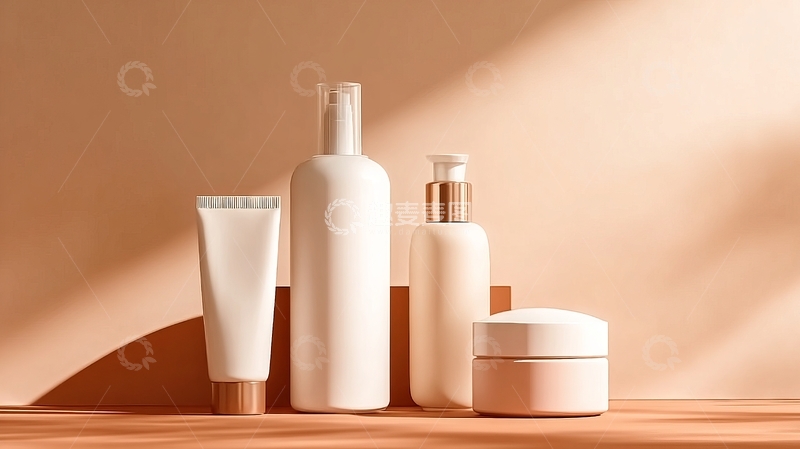 高清大图下载【趣麦麦图】几款白色护肤品摆放在木质台面上