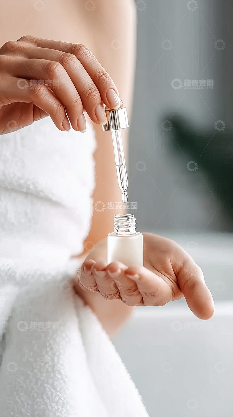 高清大图下载【趣麦麦图】女性手持滴管瓶轻挤液体于掌心