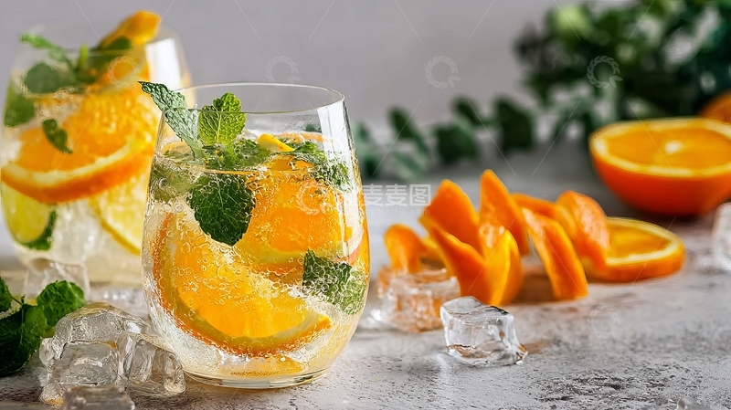 高清大图下载【趣麦麦图】一杯橙片薄荷冰饮搭配切片橙子和冰块