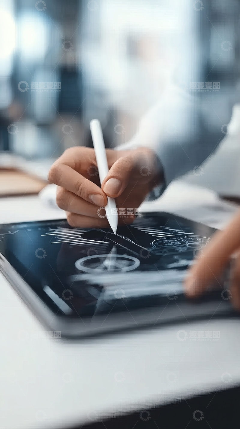 高清大图下载【趣麦麦图】商务人士使用触控笔在平板上分析图表数据