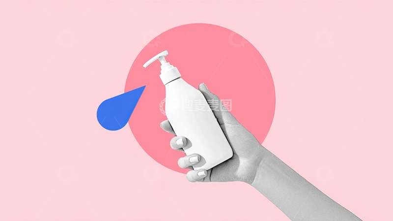 高清大图下载【趣麦麦图】手握白色按压瓶滴落蓝色液体背景为粉色圆形