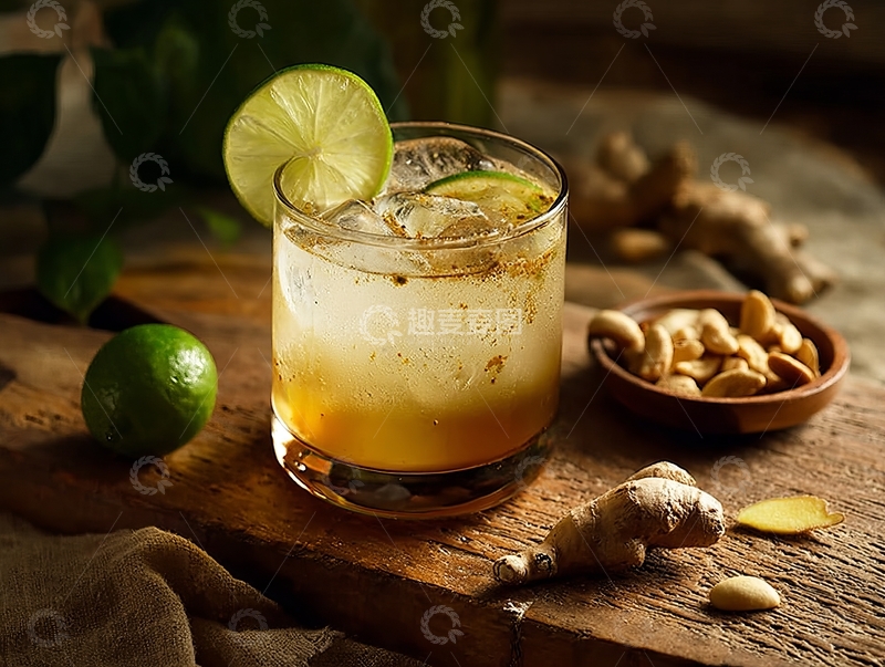 高清大图下载【趣麦麦图】一杯装饰有青柠片的姜味饮品置于木质桌面上