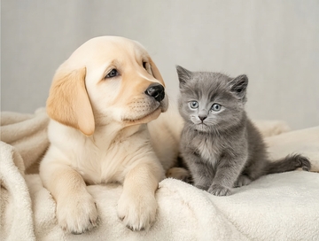 小狗与小猫并排坐在柔软毯子上