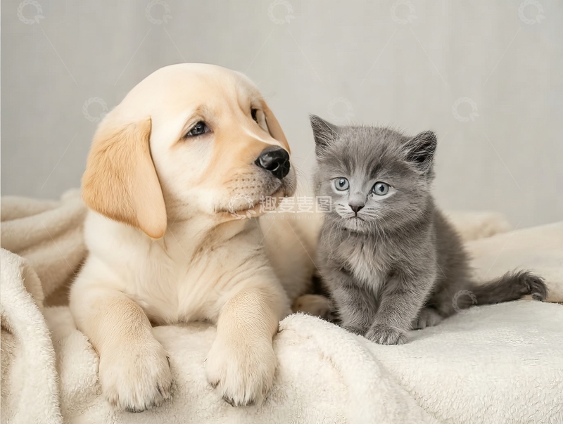 高清大图下载【趣麦麦图】小狗与小猫并排坐在柔软毯子上