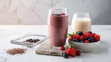 一杯浆果奶昔搭配新鲜水果和巧克力豆