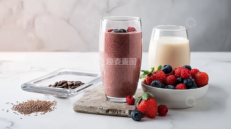 高清大图下载【趣麦麦图】一杯浆果奶昔搭配新鲜水果和巧克力豆