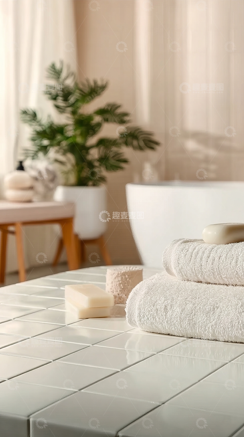 高清大图下载【趣麦麦图】浴室台面上摆放着毛巾和香皂