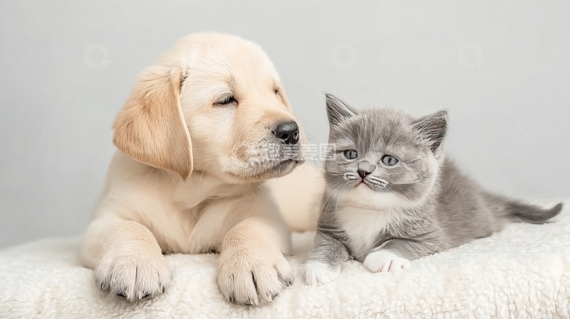 高清大图下载【趣麦麦图】小狗与小猫并排躺在柔软毯子上