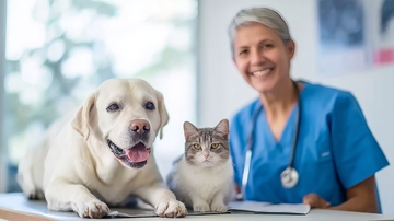 兽医与宠物狗猫在诊室内微笑合影