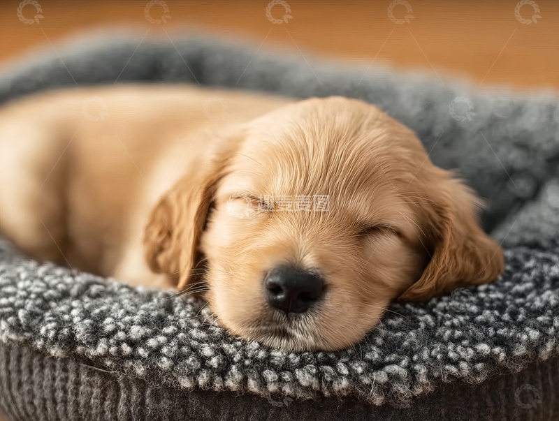 高清大图下载【趣麦麦图】金毛幼犬在灰色绒毛狗窝中熟睡
