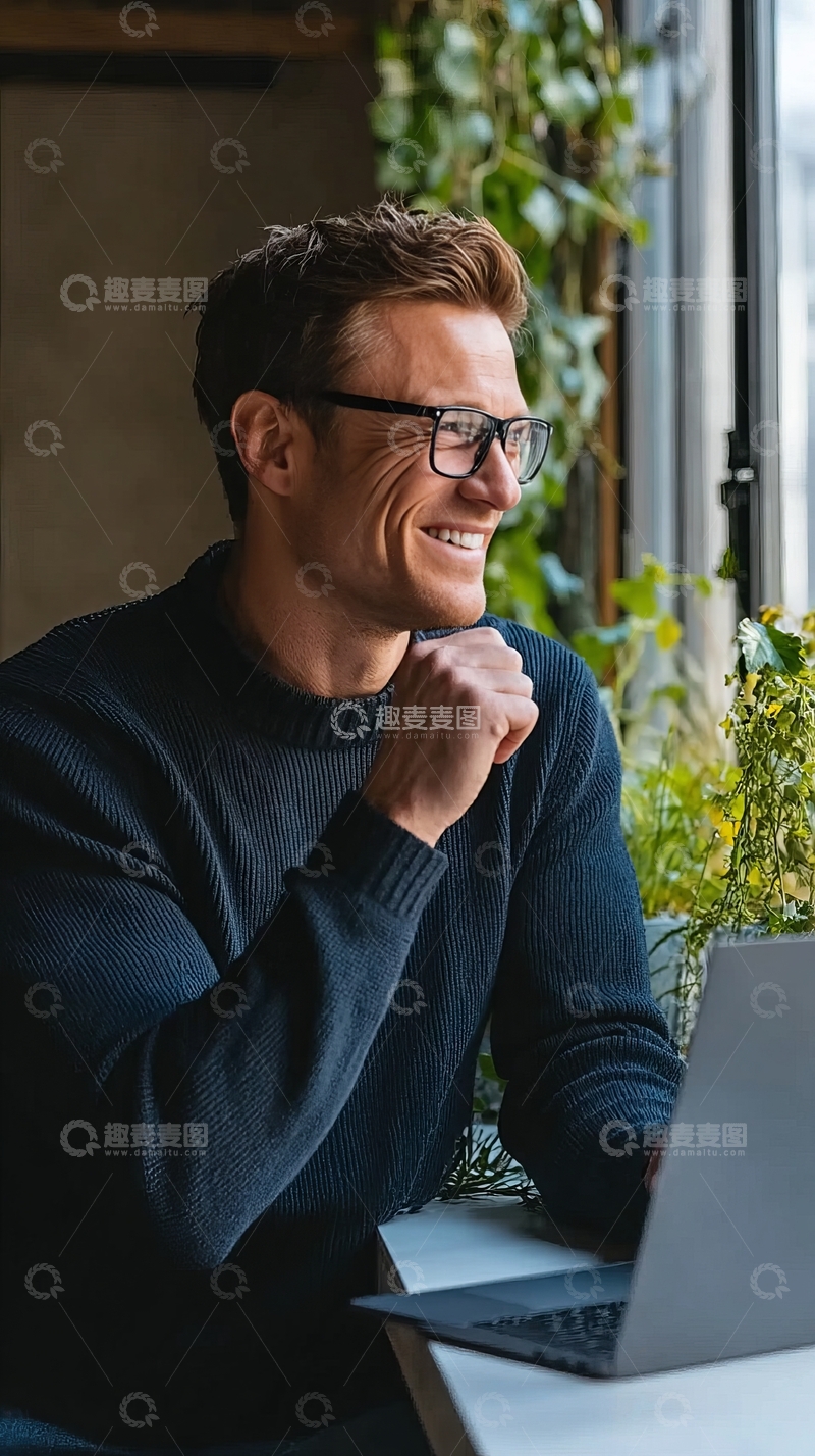 高清大图下载【趣麦麦图】戴眼镜的男子在窗边微笑思考