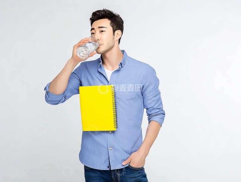 高清大图下载【趣麦麦图】男子手持黄色笔记本喝水