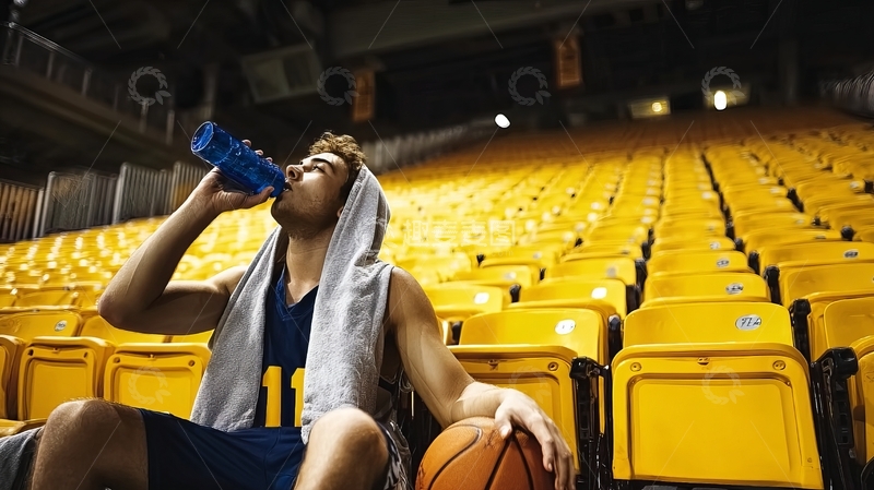 高清大图下载【趣麦麦图】篮球运动员在空体育馆内休息喝水
