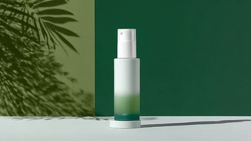 绿色渐变瓶装护肤品置于简约背景之上