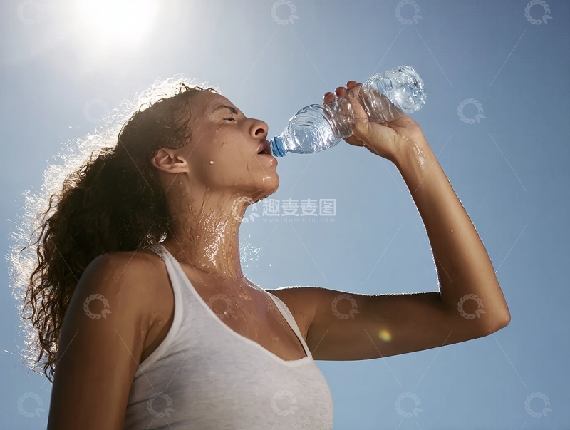 高清大图下载【趣麦麦图】女性在户外阳光下喝水补水