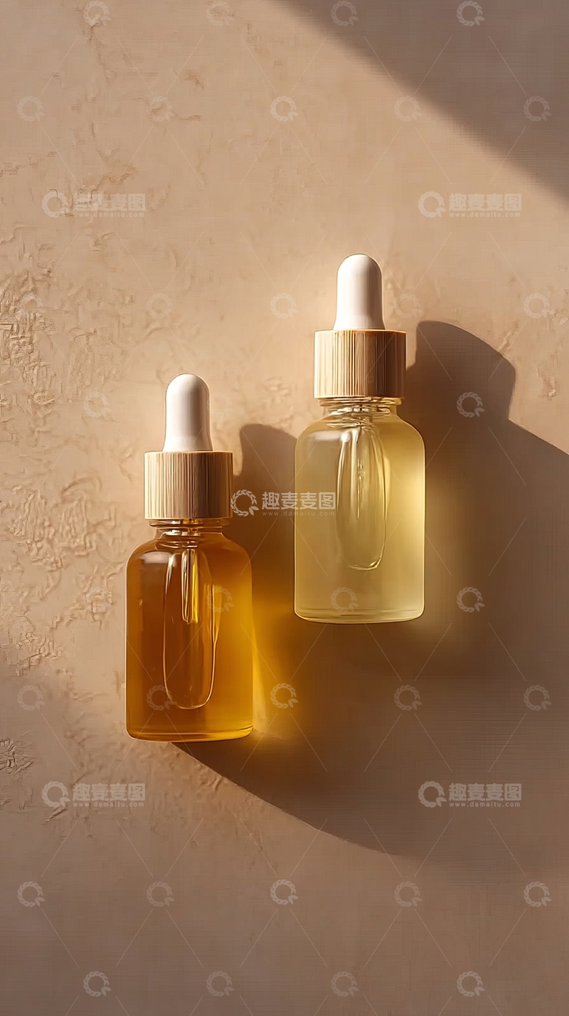 高清大图下载【趣麦麦图】两瓶精油在柔和光影下的静物特写
