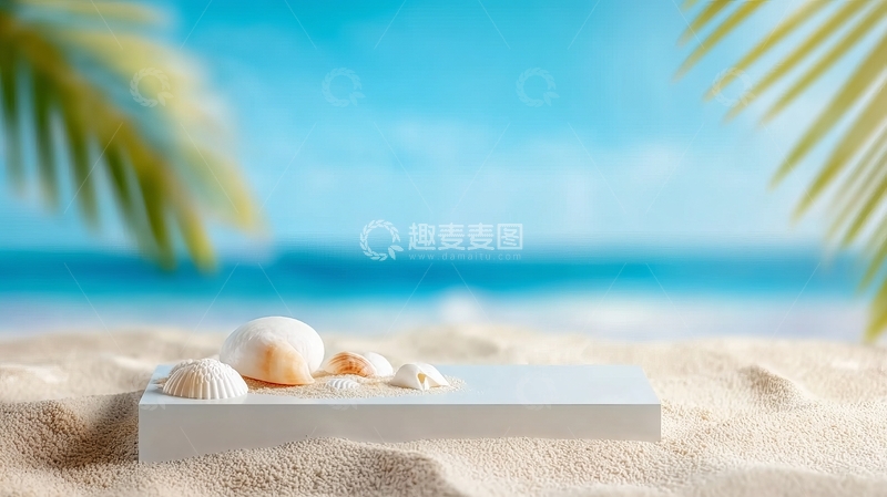 高清大图下载【趣麦麦图】沙滩上的贝壳与棕榈叶背景